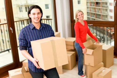 Professional moving truck service handling household items with care